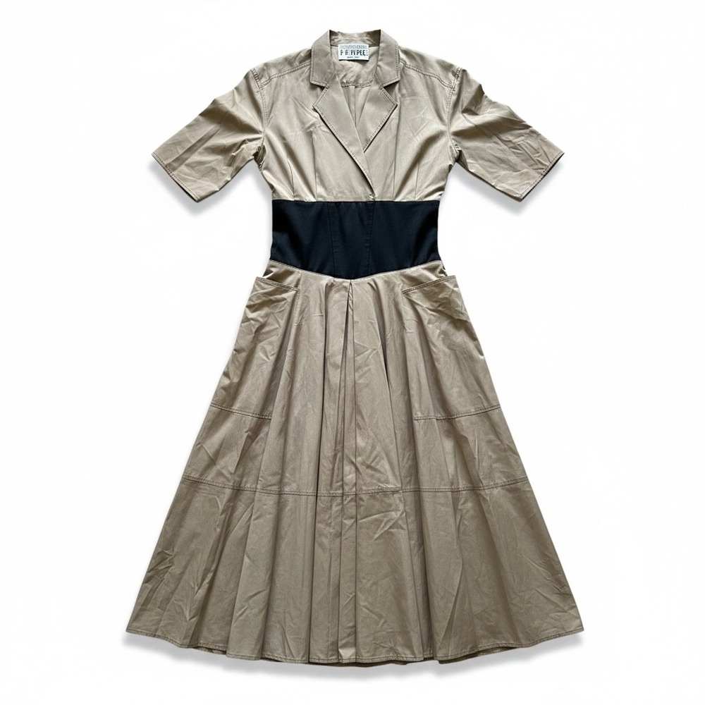 VTG Gianfranco Ferre Dress S Tan Black Corset Waist Midi Pleated Pocket